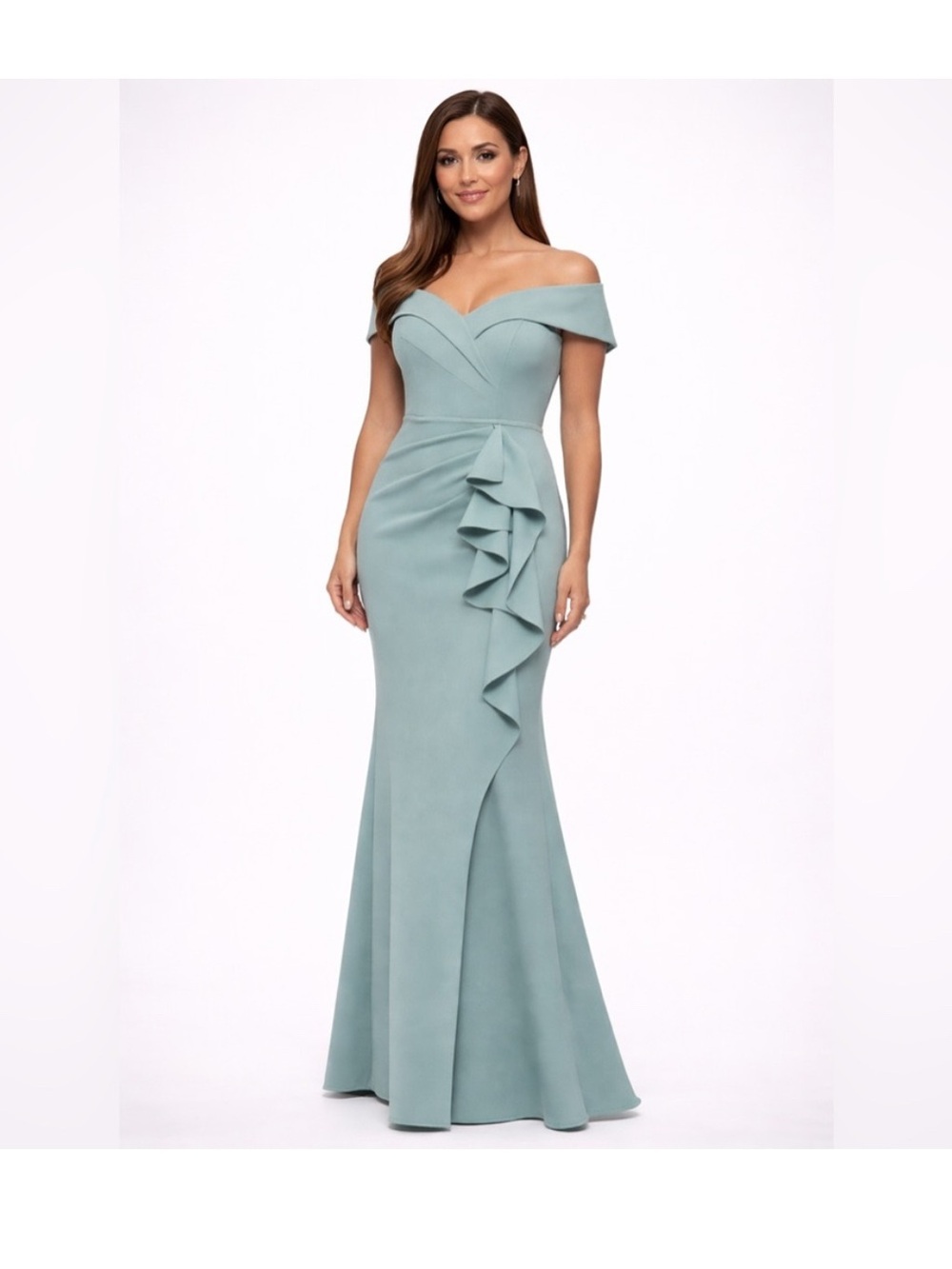 Xscape Sage Green Off Shoulder Ruffle Formal Gown Size 4P NWT GALA MOB Evening